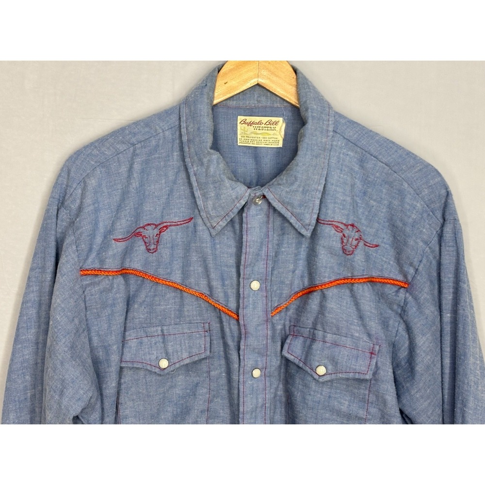 Buffalo Bill Western Shirt Mens Blue Chambray Snap Front Long Sleeve XL Vintage